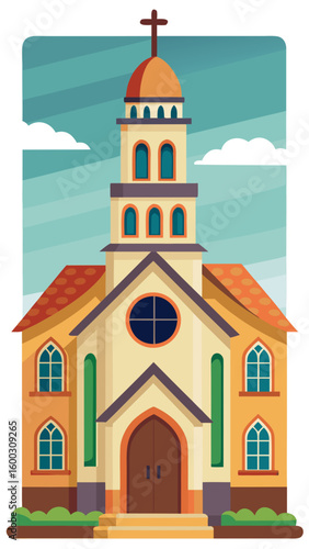 Vector art of a simplified graphic illustration of an oldfashioned church featuring a prominent bell tower a cross and arched windows situated in a pleasant natural