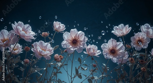 A dreamy scene of white flowers with water droplets against a dark teal blue background art piece