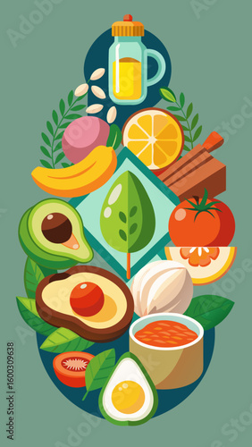 Vector art of a visually appealing arrangement of healthy foods including fruits vegetables and eggs emphasizing a nutritious and balanced diet for overall