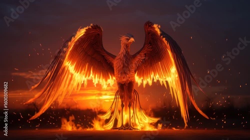 A phoenix bird with fiery wings rising against a dark sky and a fiery sunset background scene