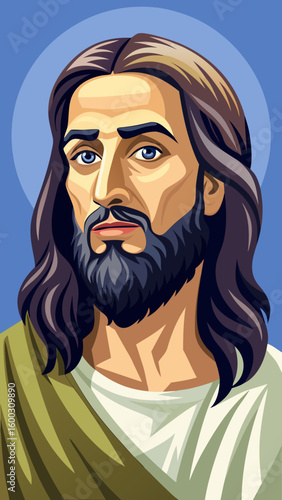 Vector art of a modern stylized portrait of jesus christ with a faint halo long dark hair and a beard wearing religious robes against a blue background