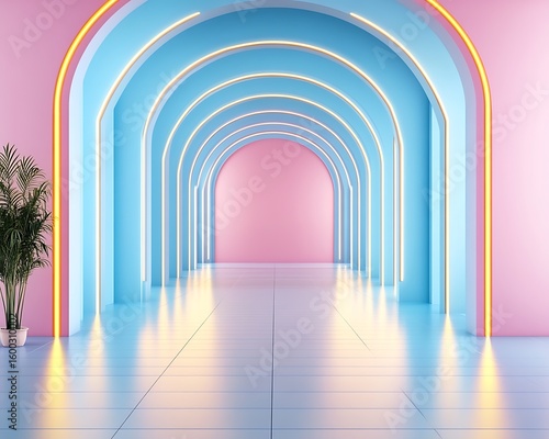 Cyber virtual graphic virtualization aesthetic concept  Vibrant Abstract Archway with Colorful Walls and Soft Lighting