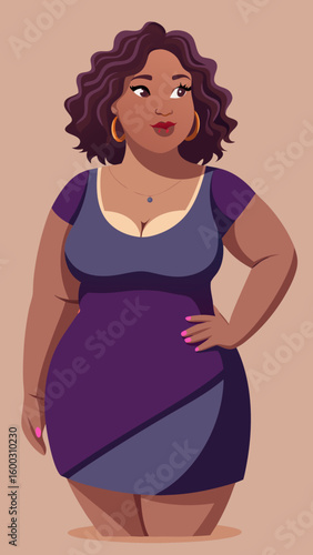 Vector art of a portrait illustration of a confident curvy woman with curly dark hair wearing a purple and grey dress standing against a tan background