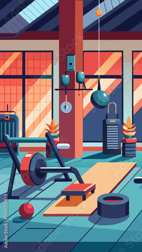 Vector art of a welllit gym space with a rowing machine weights and a yoga mat creating an inviting atmosphere for a fullbody workout