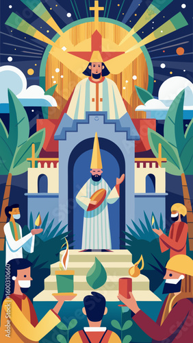 Vector art of a religious ceremony taking place inside a stylized church with clergy and congregation participating in worship and prayer