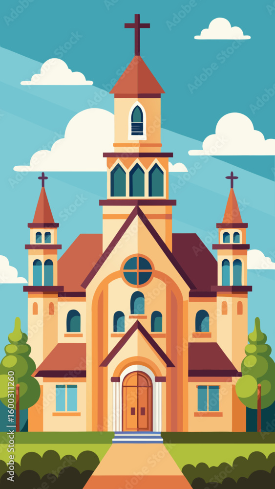 Fototapeta premium Vector art of a colorful illustration depicts a welcoming church featuring multiple towers a central steeple arched windows and a clear path leading to the entrance