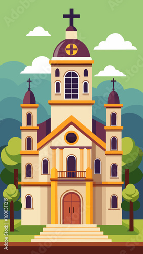 Wallpaper Mural Vector art of a stylized illustration of a beautiful church with a prominent dome a tall central tower and a cross surrounded by trees and clouds on a bright day Torontodigital.ca