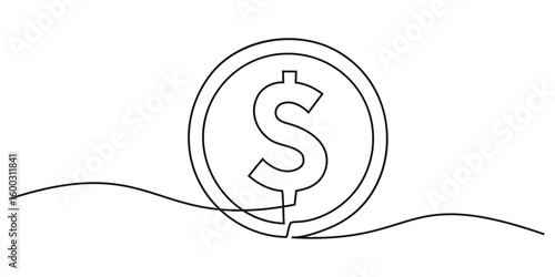 Continuous one line drawing of dollar coin.  Hand holding coin continuous one line drawing art. Dollar linear symbol.