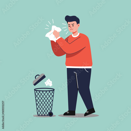 Sick young man in a red sweater sneezing into a tissue with an unwell expression.