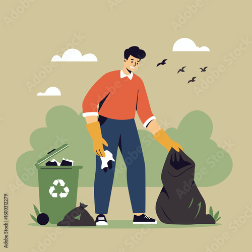 Cheerful young man in a red sweater and yellow gloves collecting litter into a black garbage bag.