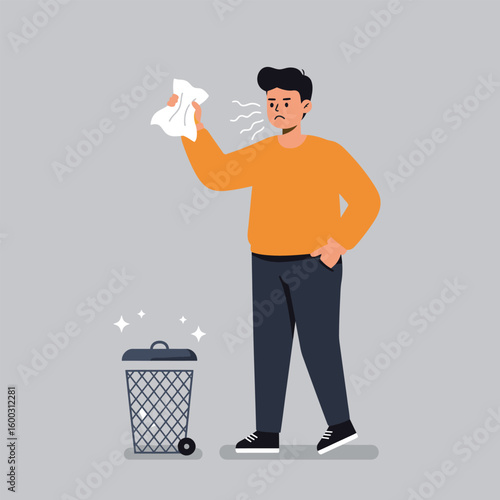 Man with a disgusted expression holding a smelly crumpled paper next to a clean trash can.