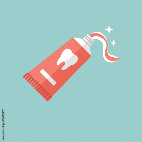 Red toothpaste tube with a tooth logo squeezing out sparkling striped paste.