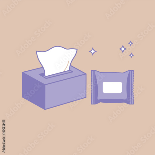 Minimalist illustration of a purple tissue box and a pack of wet wipes, symbolizing cleanliness and hygiene.