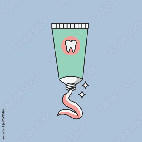Illustrated mint green toothpaste tube with a tooth logo squeezing out sparkling pink paste.
