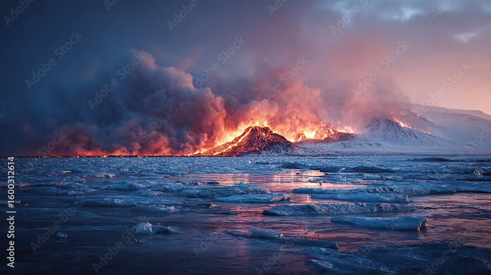 Fototapeta premium Photorealistic daylight view of volcanic eruption beside frozen glacier in Iceland, vibrant lighting and dramatic contrast of warm lava tones and icy blues, symbolizing climate tension and nature’s ex