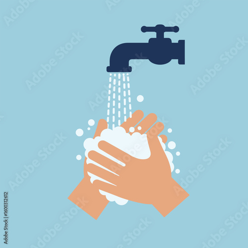 Minimalist flat illustration of hands washing with soap foam under a running dark blue water faucet.
