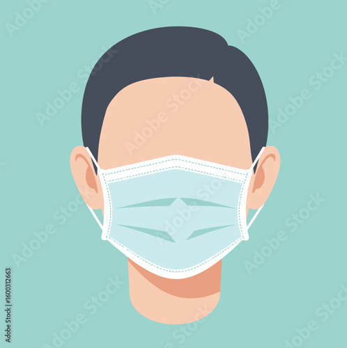 Front view illustration of a faceless person with dark hair wearing a light blue pleated surgical face mask.