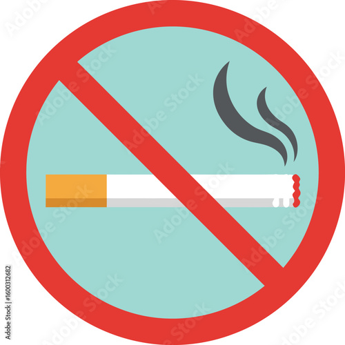 Circular no smoking sign icon with a lit cigarette, orange filter, and grey smoke, depicted in a flat vector style.