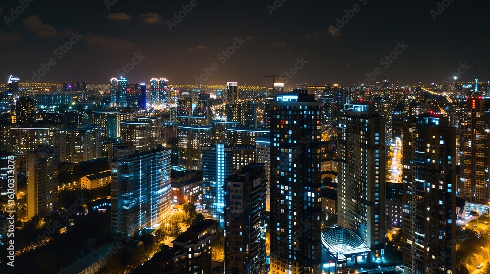 Fototapeta premium Urban Skyline Majesty: Breathtaking High-Rise Building Panoramas – Gleaming Glass Facades, Towering Steel Structures, Sunlit Skyline Silhouettes, and Sprawling City Views in Wide-Angle Photography for