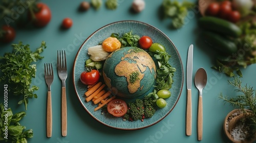 Earth-shaped plate with assorted vegetables