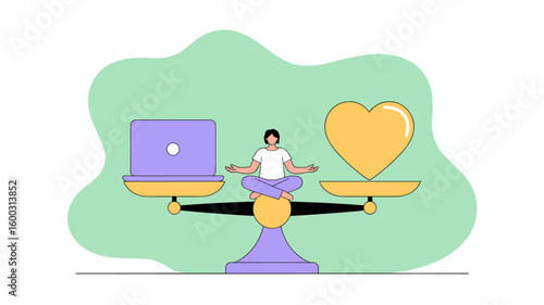 individual meditating on a scale balancing a laptop and a heart vector illustration