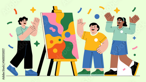 diverse students celebrating an art project on an easel vector illustration 