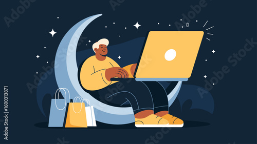 shopper with laptop and bags on a crescent moon vector illustration, individual online shopping at night, e-commerce convenience and 24/7 retail access