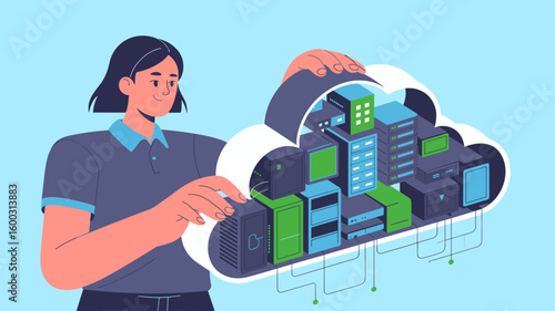it engineer constructing a cloud infrastructure model vector illustration, digital architecture, platform as a service and data center management