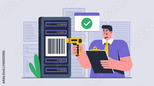 it technician scanning server rack barcode vector illustration, it asset management governance, data center auditing and inventory control
