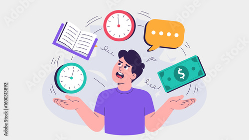 student juggling time, money, and study vector illustration, multitasking life priorities, managing busy schedules and work-life balance
