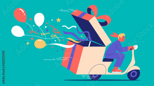courier on a scooter with a gift box vector illustration, fast delivery, surprise gift service and online order fulfillment