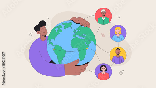 global citizen holding a globe connected to a diverse network of people vector illustration, global diversity, cultural competence and social inclusion