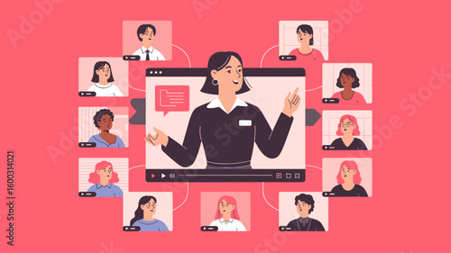 female manager leading a team on a video conference screen vector illustration, remote leadership, virtual meetings and online collaboration