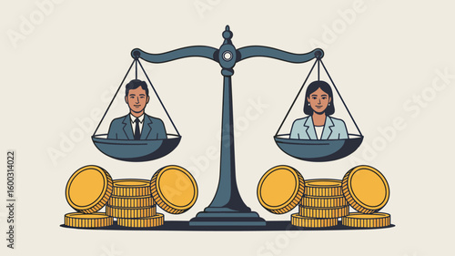 man and woman balanced on a scale of justice with coins vector illustration, equal pay, gender pay equity and workplace fairness