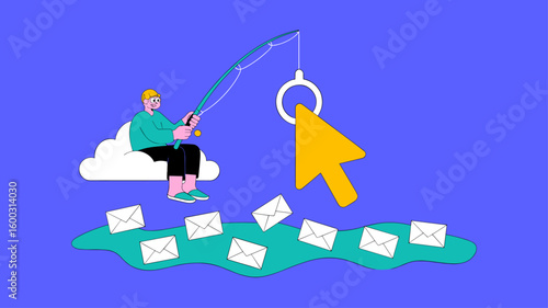 hacker fishing for emails with a mouse cursor hook vector illustration, clickbait tactics, email phishing scam and cybersecurity threat
