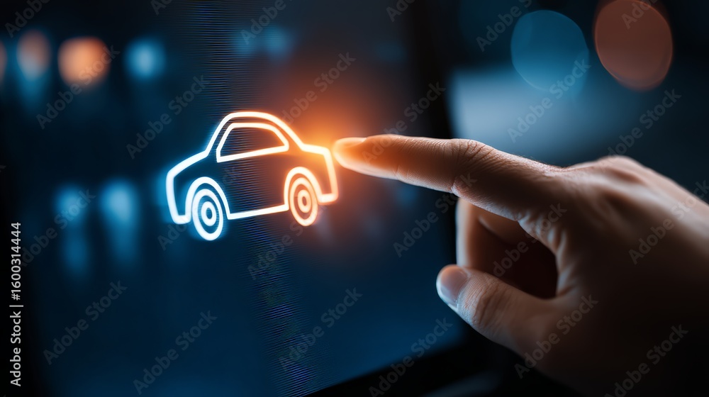 A hand interacting with a digital car icon on a touchscreen interface. A hand interacting with a digital car icon on a touchscreen interface.