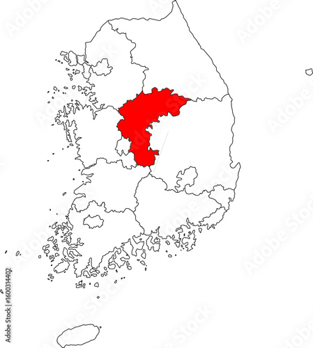 Map of Korea with Chungcheongbuk Province highlighted, ideal for geographic, nature, and regional-specific projects.

