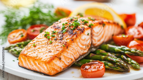 A grilled salmon fillet served with asparagus tomatoes and lemon on a white plate close up view