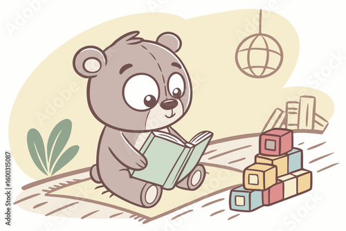 Teddy bear reading a book in a kid's playroom. Blocks and plant background