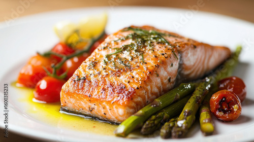 A plate of grilled salmon with asparagus and tomatoes garnished with a lemon wedge on a white plate