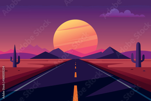Desert Highway Sunset:  Stylized Vector Illustration,  Open Road,  Journey Concept,  Warm Colors,  Evening Mood.