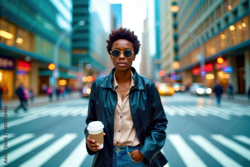 Fototapeta premium A woman in a brown jacket is walking down a city street holding a coffee cup