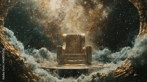 Golden throne amidst cosmic dust clouds.