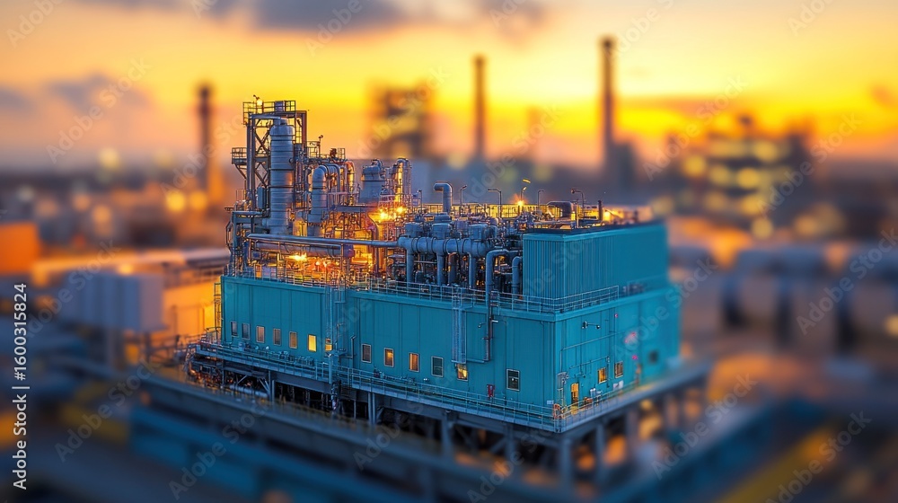 Fototapeta premium Industrial complex at sunset, close-up on processing unit