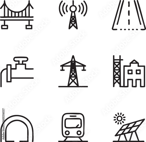 Infrastructure and utilities vector icon set outline style bridge,communication tower,road,pipeline,power line,construction,tunnel,train,solar panel icon set