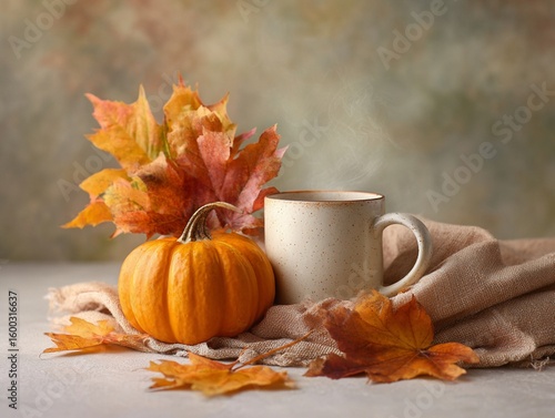 Autumn Scene with Pumpkin and Leaves
