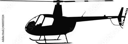 Silhouette of a light utility helicopter with visible rotor blades in flight profile


