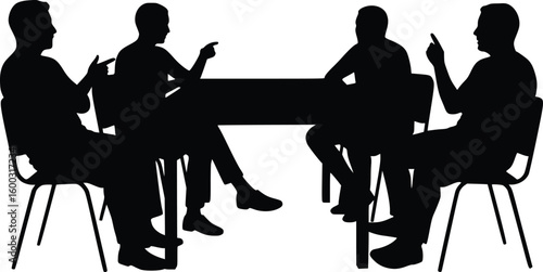 Silhouette of four people in discussion around a table showing teamwork and collaboration

