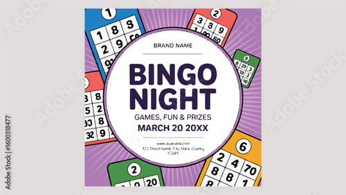Bingo Night Game: An inviting poster illustration announces Bingo Night, highlighting games, fun, and prizes within a design that is fun and playful, promoting a social evening with excitement.