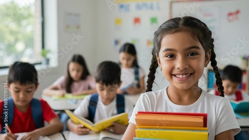 Portrait of a happy young Asian girl holding books in the classroom. Elementary school student smiling at the camera while other kids study in the background.